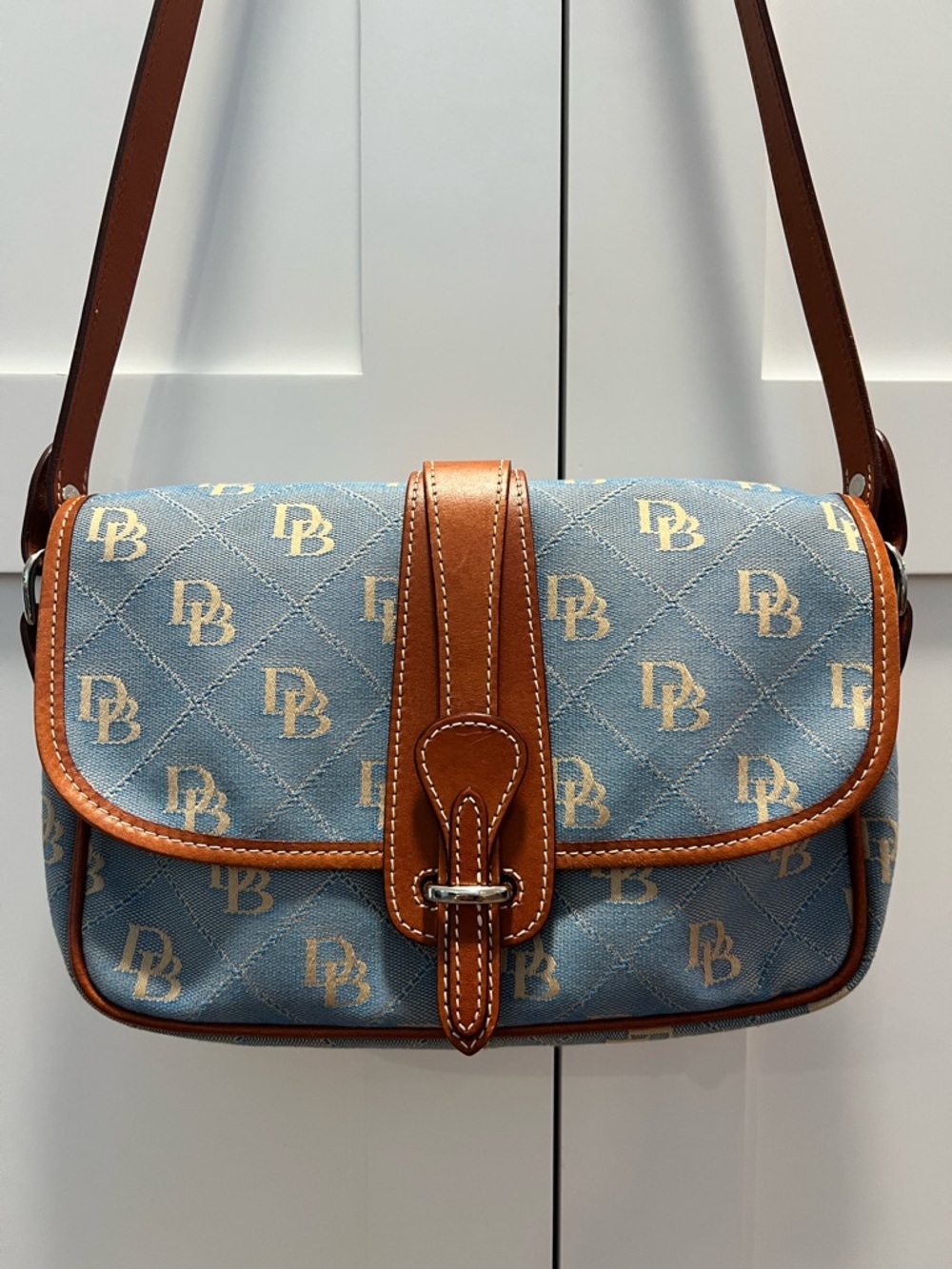 🦆Dooney & Bourke Blue Monogram Canvas Flap Crossbody Bag Leather Trim
